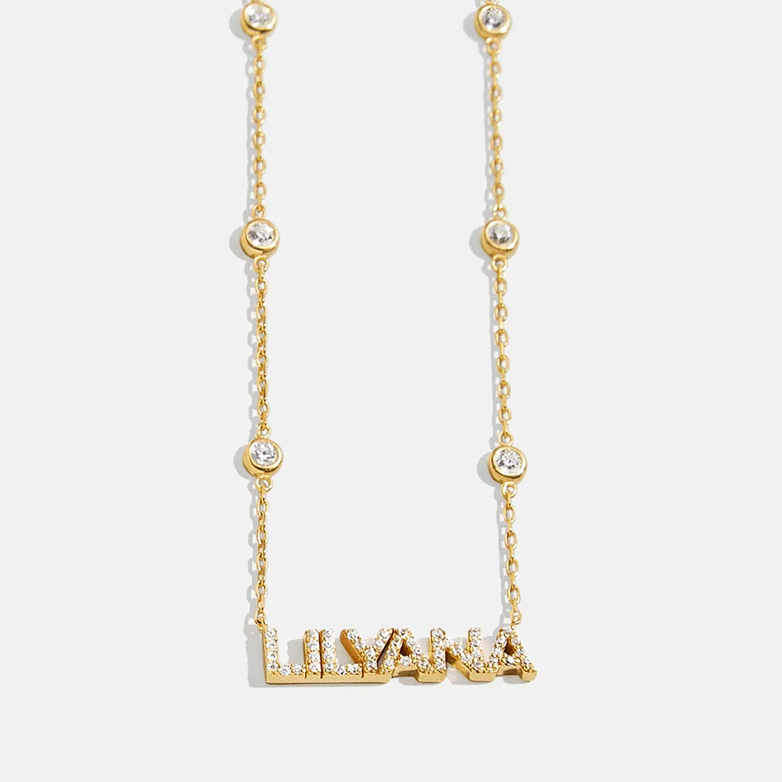 Yasmine 14K Gold Custom Nameplate Necklace - Gold/Pavé
